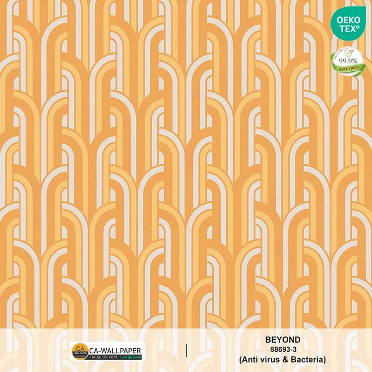 วอลเปเปอร์สไตล์โมเดิร์น ลายเรขาคณิต พื้นสีส้ม ลายสีทองสดและสีเงินเงาวาว No.88693-3