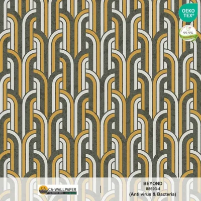 วอลเปเปอร์สไตล์โมเดิร์น ลายเรขาคณิต พื้นสีเทาดำ ลายสีทองและสีเงินเงาวาว No.88693-4