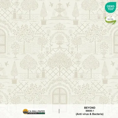วอลเปเปอร์สไตล์Classic Eropean Garden พื้นหลังสีขาวครีม ลายสีเงิน No.88695-1
