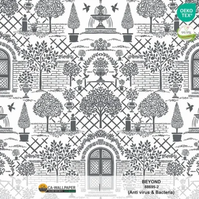วอลเปเปอร์สไตล์Classic Eropean Garden พื้นหลังสีขาว ลายสีเขียวปนดำ No.88695-2