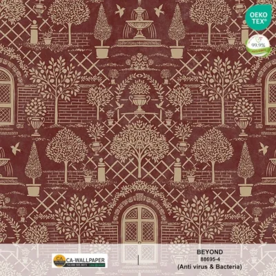 วอลเปเปอร์สไตล์Classic Eropean Garden พื้นหลังสีแดงเลือดนก ลายสีทอง No.88695-4