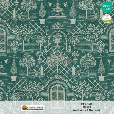 วอลเปเปอร์ลายสวน พื้นหลังสีเขียว ลายสีเงิน No.88695-3