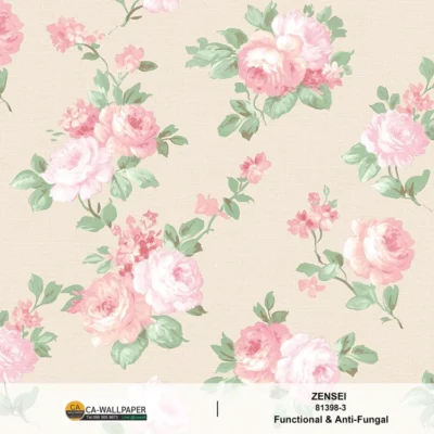 วอลเปเปอร์ลายดอกไม้สีชมพู สีพื้นครีม 81398-3