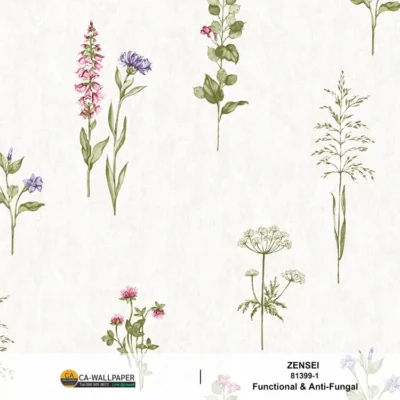 วอลเปเปอร์ลายดอกไม้สีม่วง พื้นสีขาวครีม 81399-1