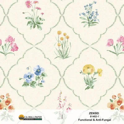วอลเปเปอร์ลายดอกไม้ สีพื้นครีมอ่อน มีกลิตเตอร์เงิน 81402-1